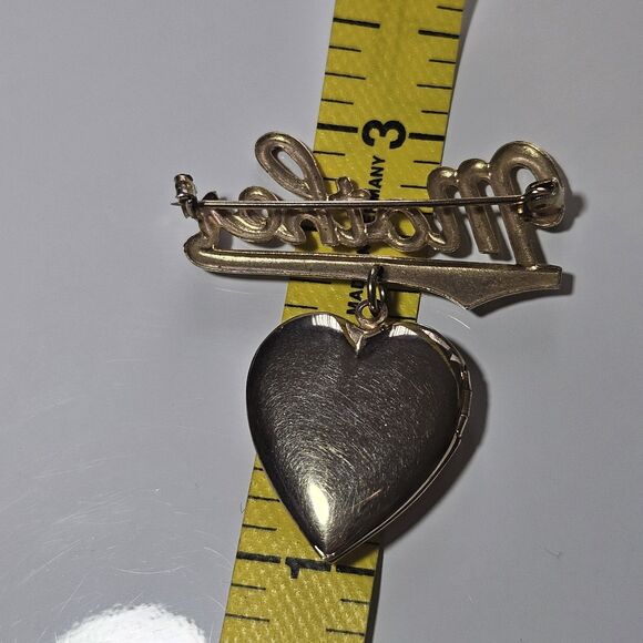 Vintage Gold Tone Mother Pin With Dangling Heart Locket MOP Brooch - Picture 5 of 10